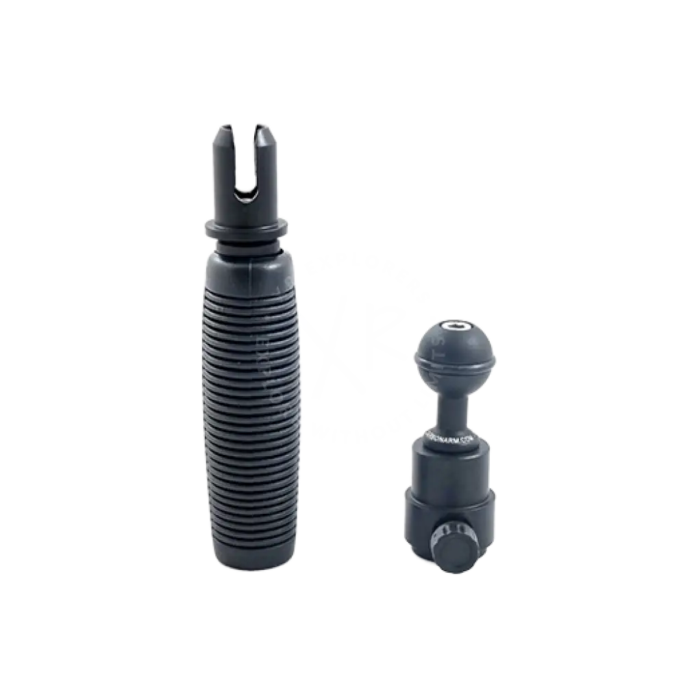 Black rubber and metal grip with ball quick release camera mount adapter set showing the back side