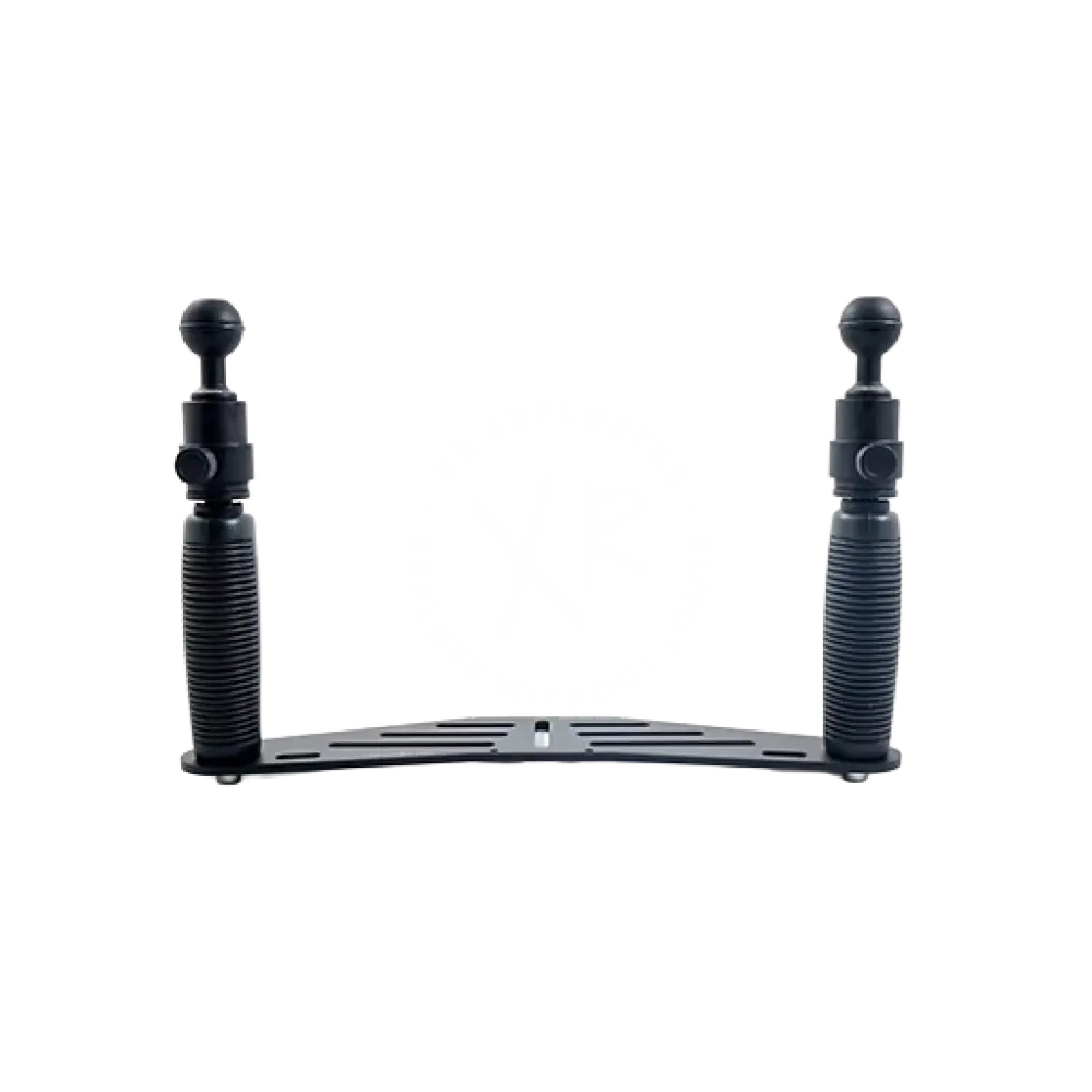 Black metal grip with ball quick release featuring adjustable ball joints and textured grip sections for camera mounting