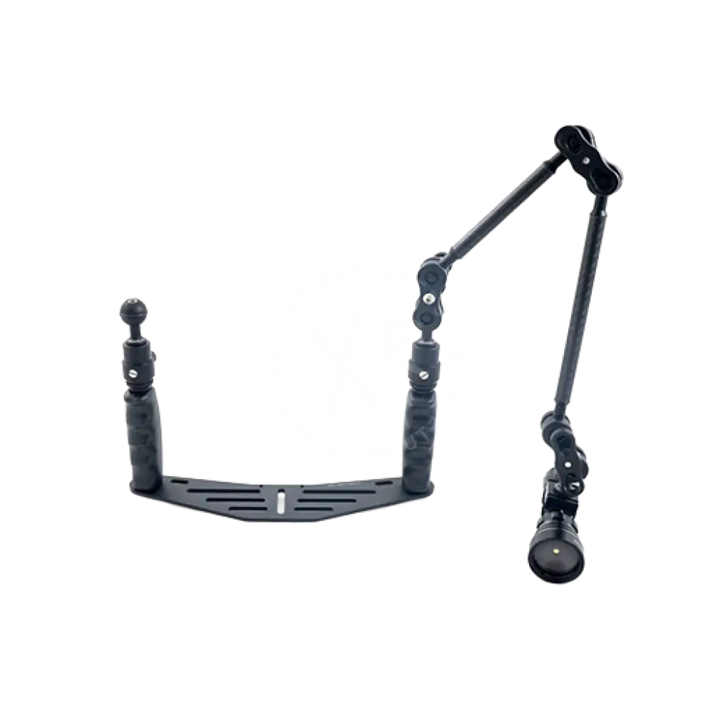 Black adjustable camera stabilizer with articulated arms and padded grips featuring grip with ball quick release