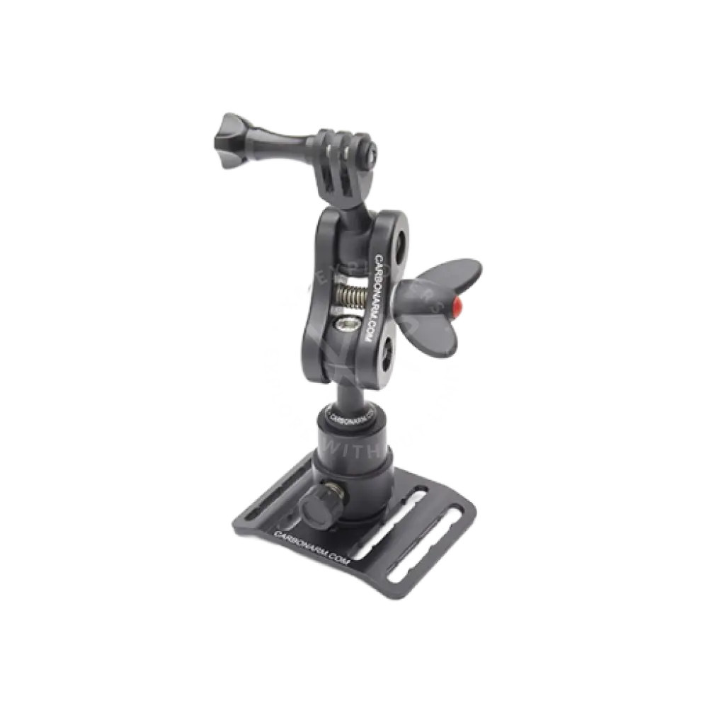 Black carbon fiber bracket buckle for scooter with adjustable arm and red tipped twist knob mount