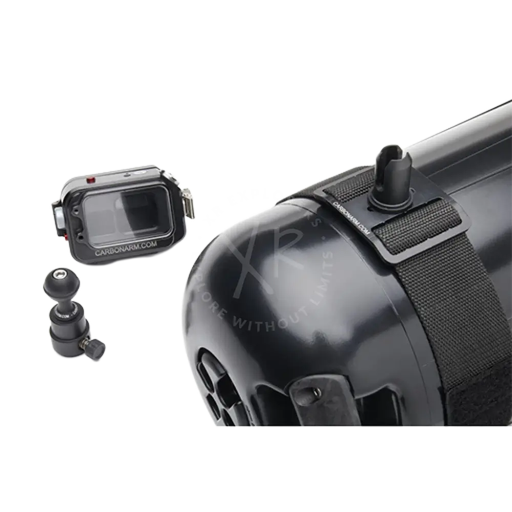 Black carbon fiber dive camera housing kit buckle with quick release strap and mounting accessories visible from the back side