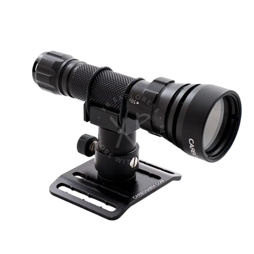 Black tactical flashlight with textured grip and adjustable mount for kit fibbia sfilo per scooter versione luce
