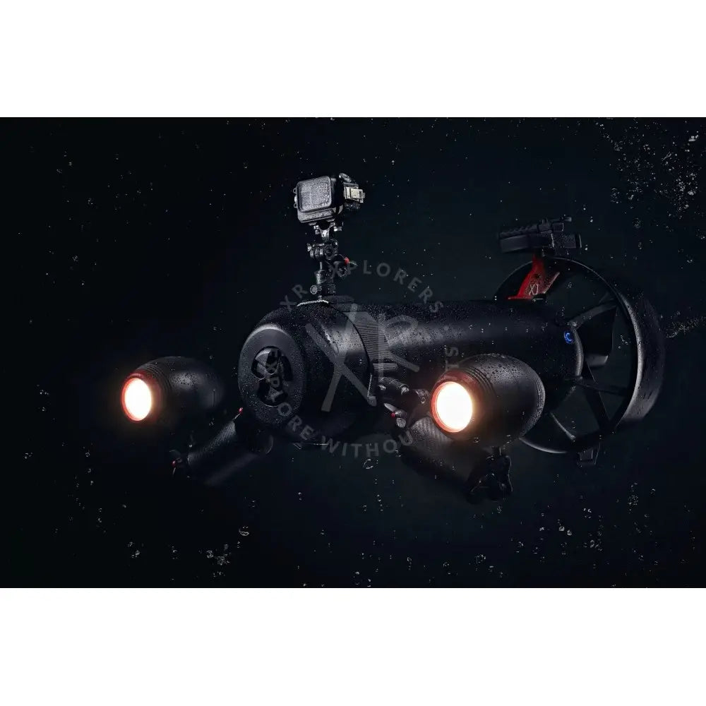 Black underwater drone with glowing red lights and mounted action camera featuring strap band for dpv use