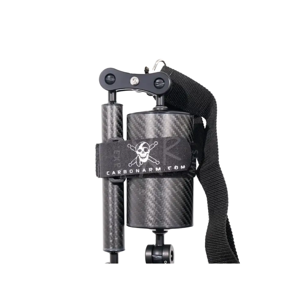 Black carbon fiber long clamp tripod arm with skull and crossbones logo on strap