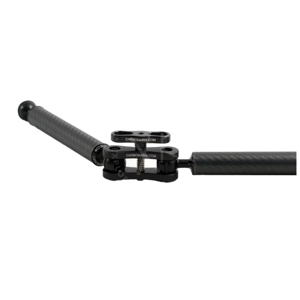 Black carbon fiber camera stabilizer arm long clamp with adjustable clamp and threaded connectors for secure mounting