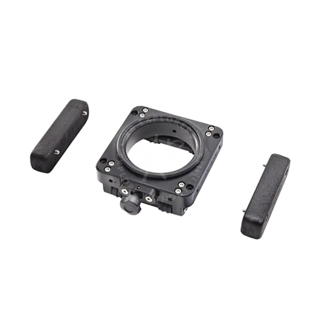 Black plastic floating kit camera mount with two matching side handles for support Moby use