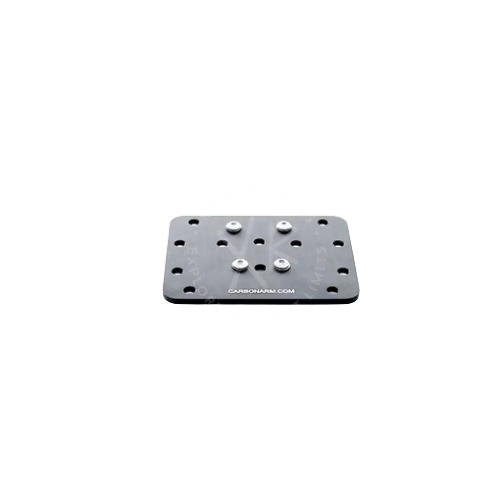 Black rectangular mounting plate with six silver screws and carbon fiber texture tray for housings moby back side