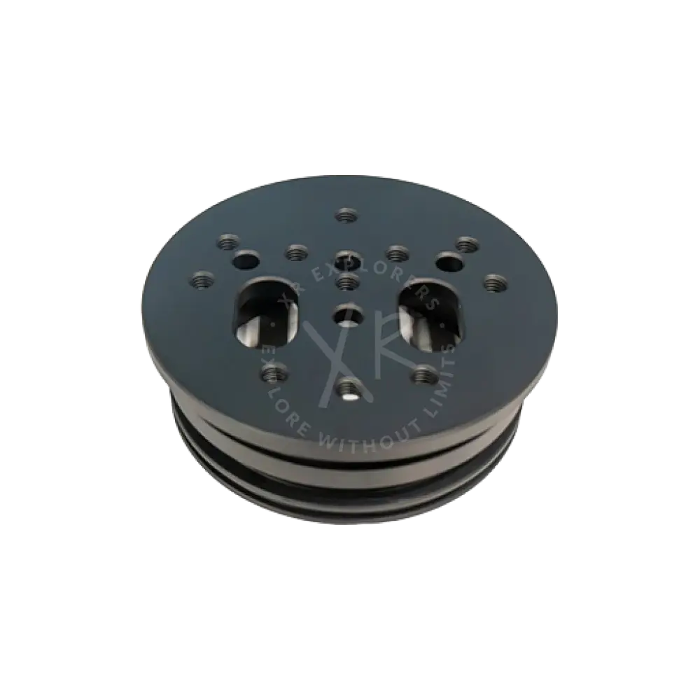Black metal pulley with multiple holes and slots used as a rotating plate spare part for moby products