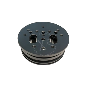Black metal pulley with multiple holes and slots used as a rotating plate spare part for moby products