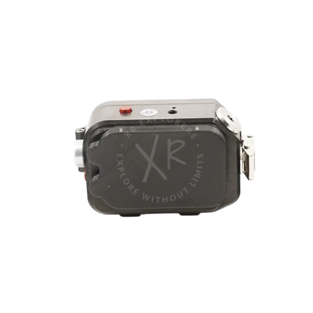 Gray rectangular waterproof action camera with red button and silver accents in protection cups housing