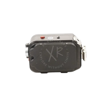 Gray rectangular waterproof action camera with red button and silver accents in protection cups housing