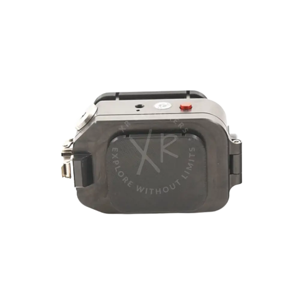 Gray rectangular protection cups for action cam housing with textured front panel and silver metallic edges featuring red button