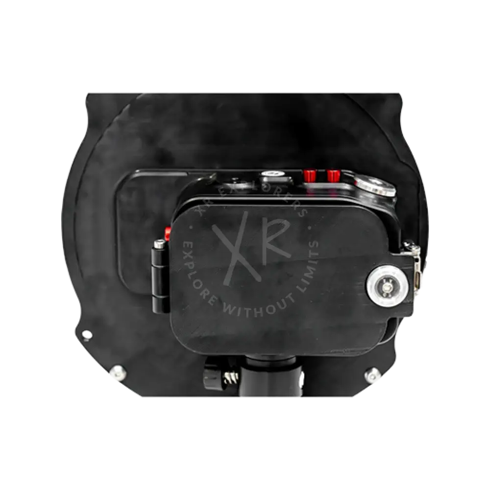 Black waterproof camera housing with red and silver accents protection cups for action cam housing front view