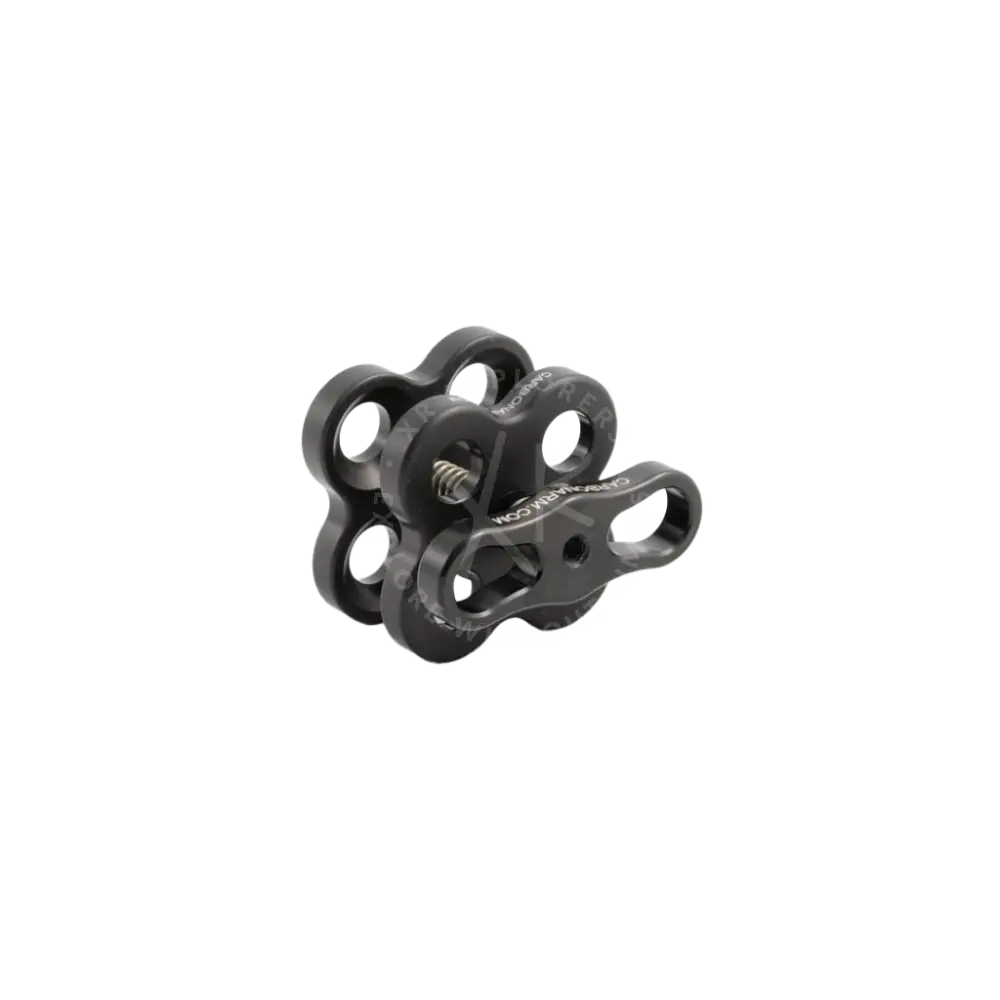 Black metal quadruple clamp camera rig adapter with sleek industrial design and multiple circular openings