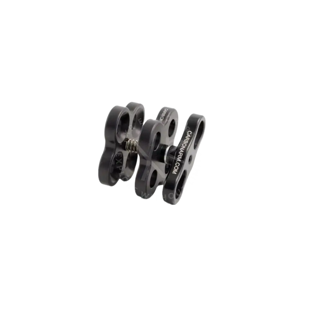 Black carbon fiber quadruple clamp underwater camera clamp with spring-loaded mechanism and engraved branding