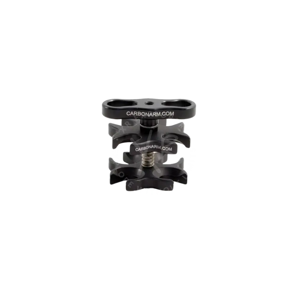 Black carbon fiber quadruple clamp camera clamp with textured grip and engraved branding for secure mounting