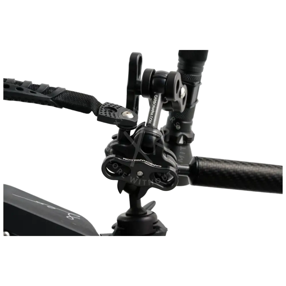 Black carbon fiber quadruple clamp handlebar mount with adjustable clamp and quick-release mechanism