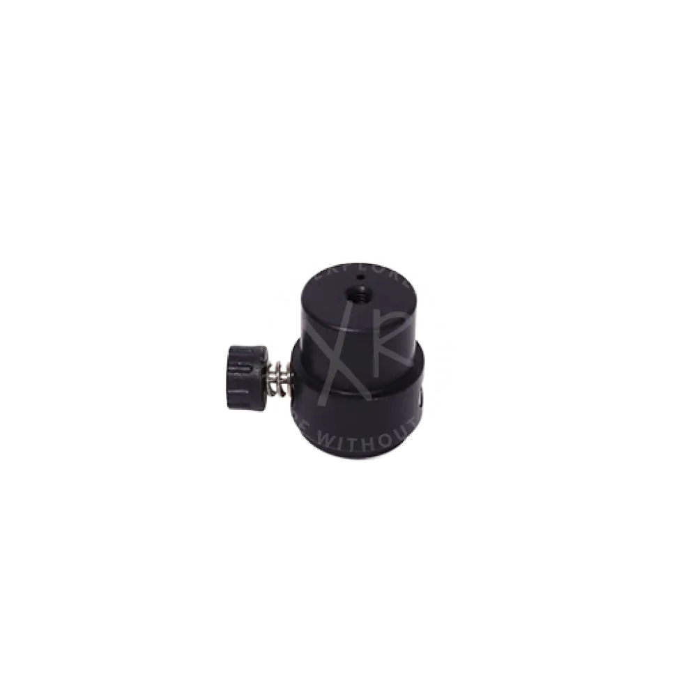 Black cylindrical quick release starting base female camera lens mount adapter with knurled knob and metallic spring mechanism