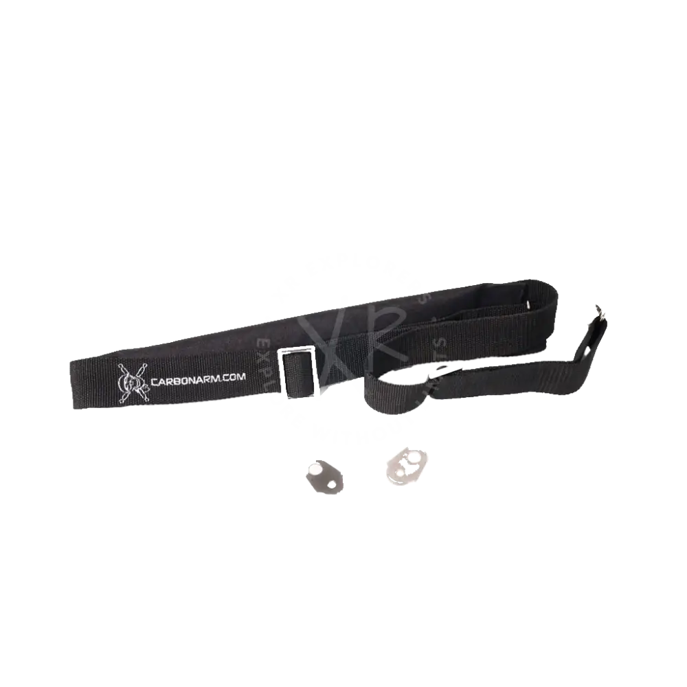 Black woven shoulder strap kit with silver buckle and metallic attachments branded carbonarm.com on the side