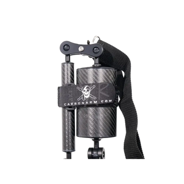 Black carbon fiber tripod arm with skull and crossbones logo on strap from shoulder strap kit