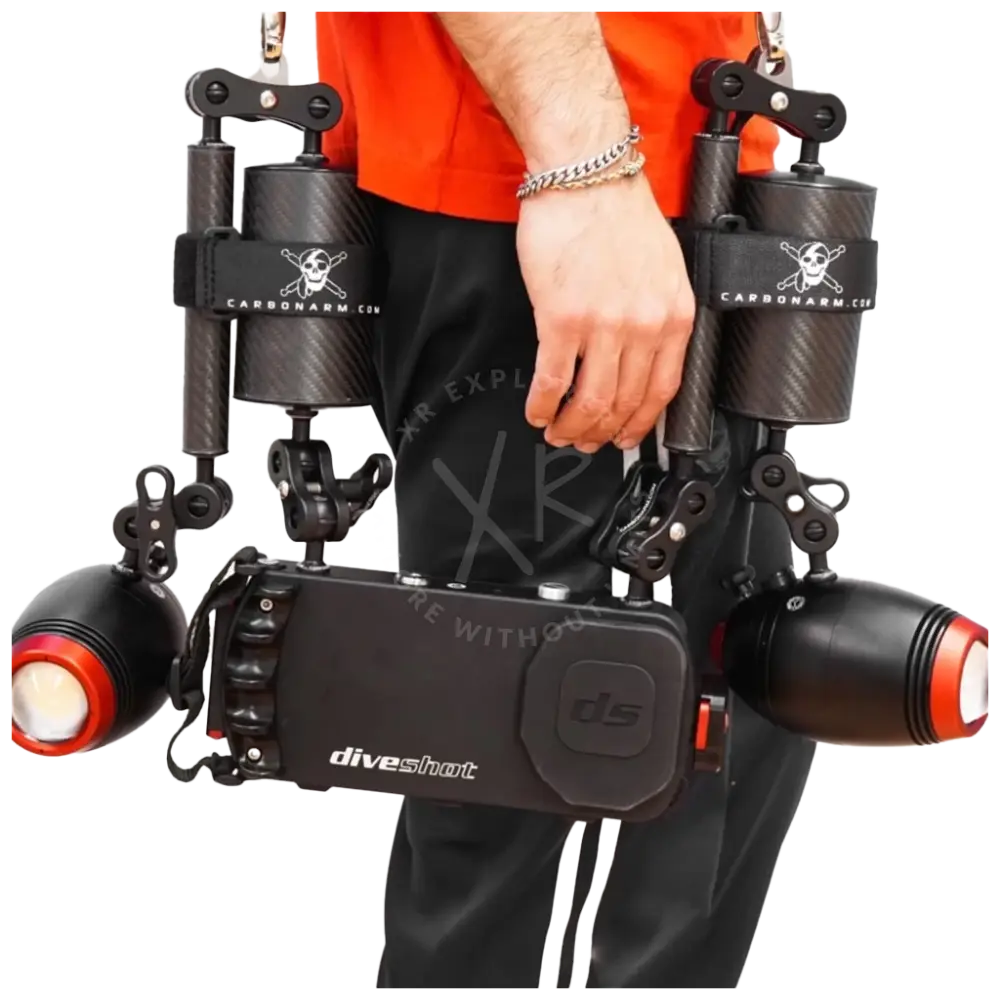 Black carbon fiber diveshot ds underwater camera rig with red accent lights and adjustable arms with shoulder strap kit