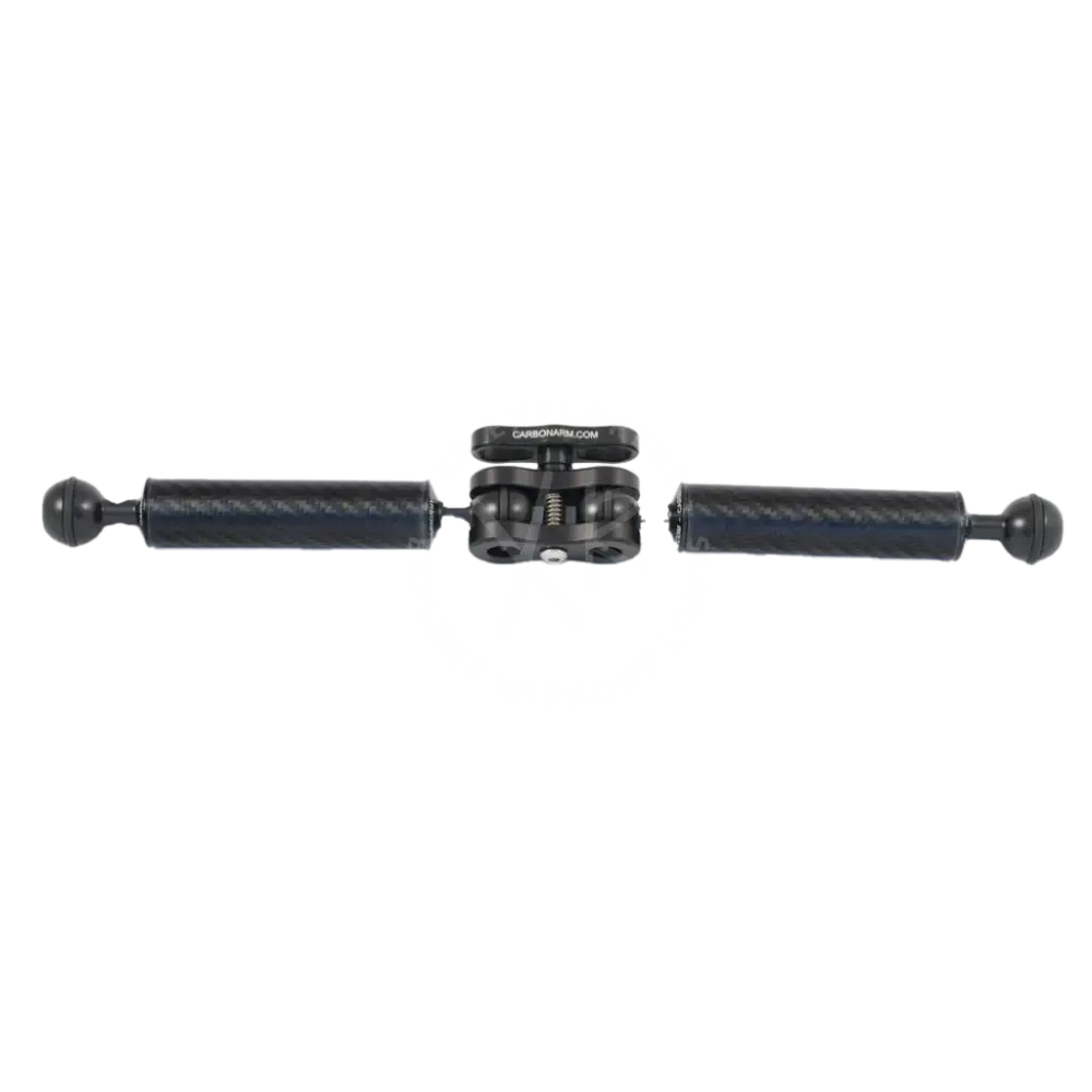 Black carbon fiber standard clamp camera stabilizer with spherical ends and a central adjustable joint
