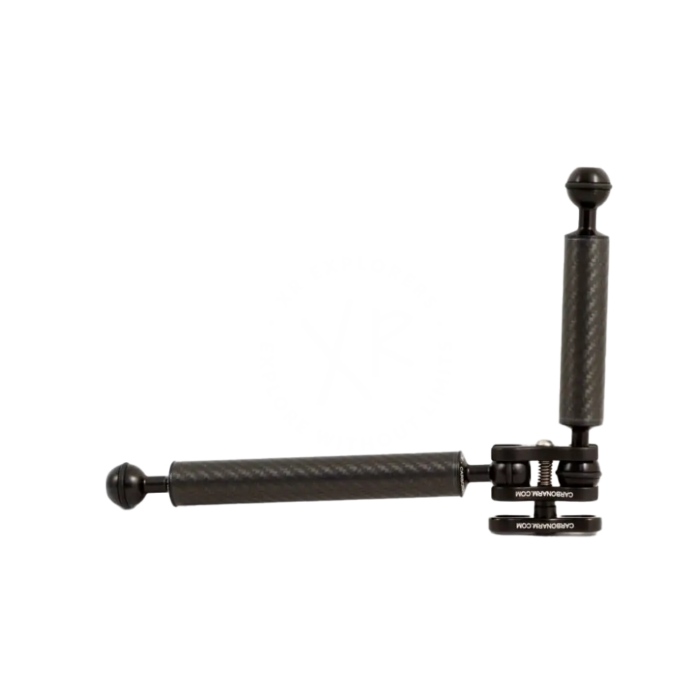 Black carbon fiber l-shaped camera rig with spherical ends and adjustable joints for versatile mounting standard clamp