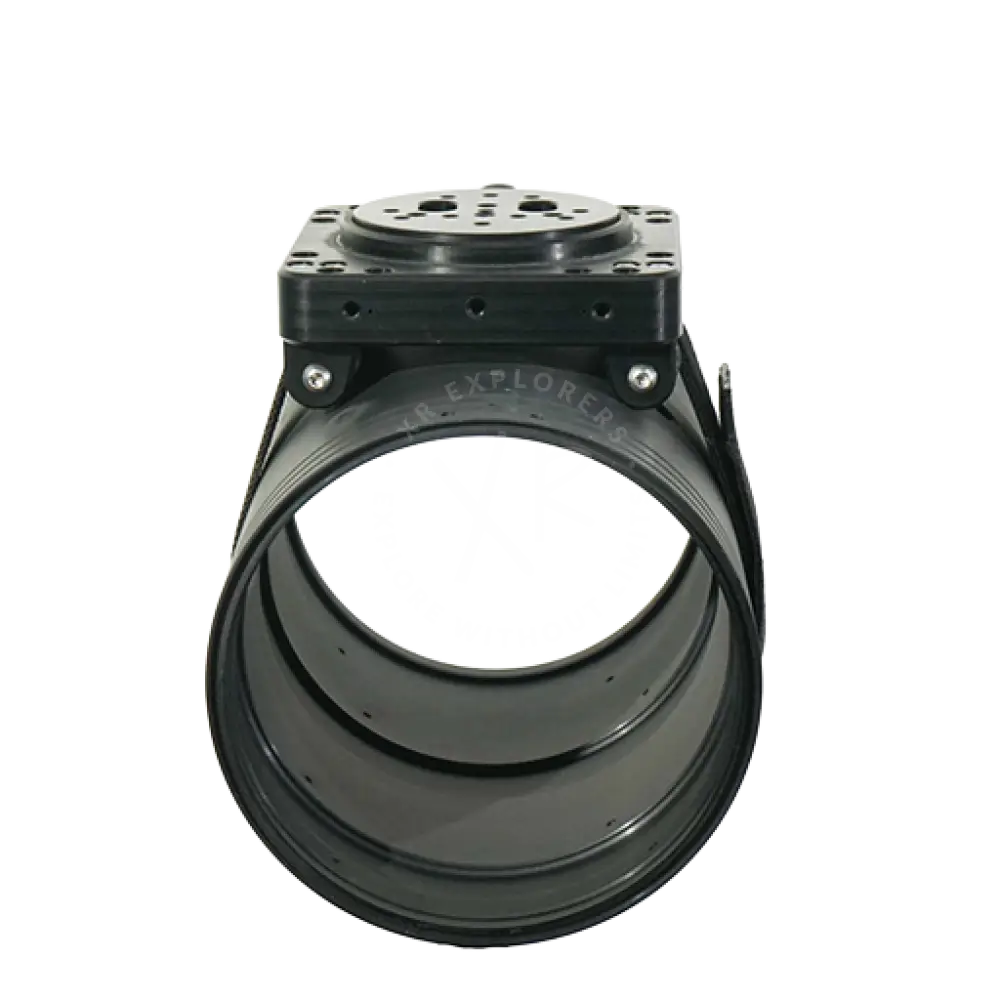 Black industrial rotary actuator with robust cylindrical body and square mounting plate for strap band dpv