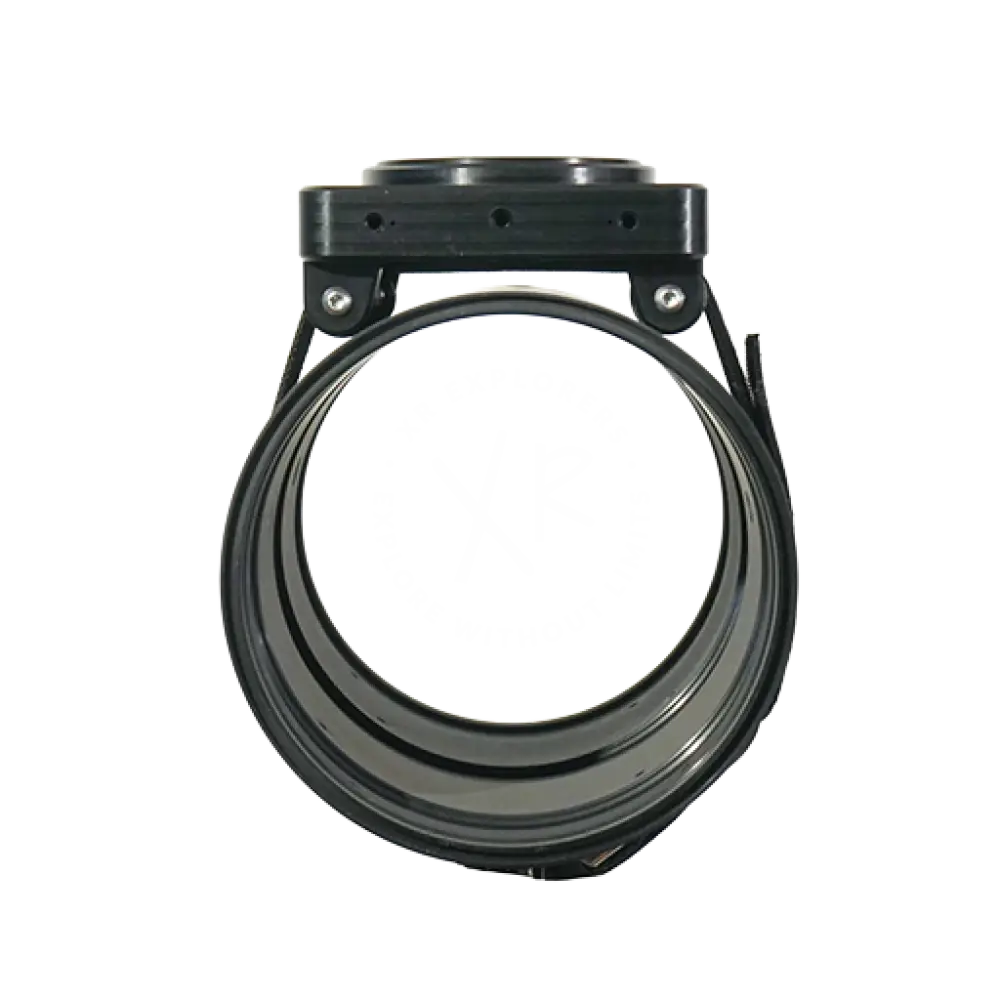 Black metal strap band for dpv with circular pipe clamp and mounting bracket for secure attachment