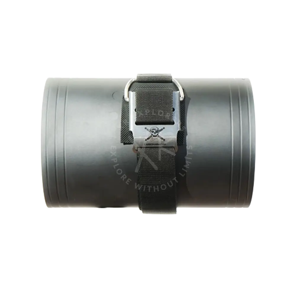 Black tactical-style cylindrical strap band pouch for dpv with silver metal buckle featuring skull and crossbones emblem