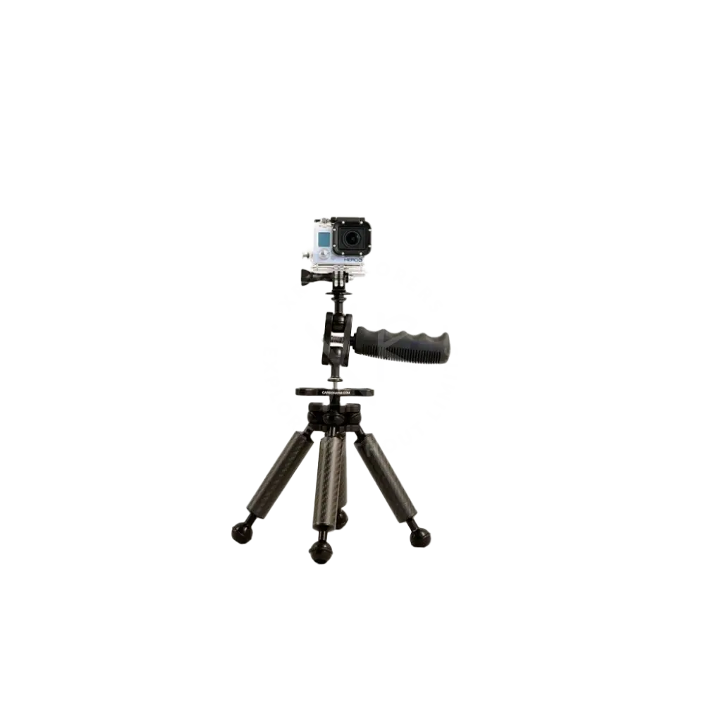 Black carbon fiber tripod with quadruple clamp and handle grip mounted with gopro camera for stable shooting