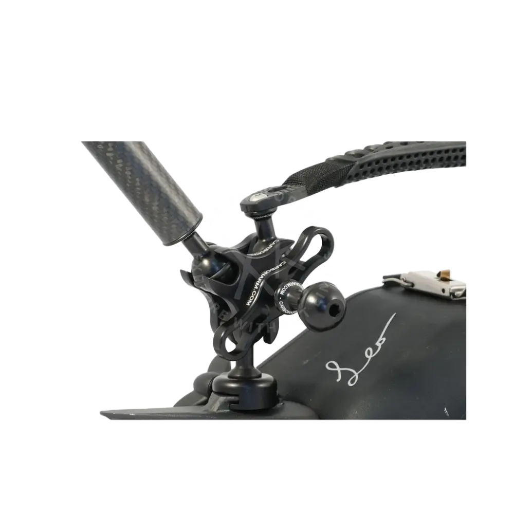 Black carbon fiber triple clamp tripod mount with adjustable ball joint and clamp for microphone attachment