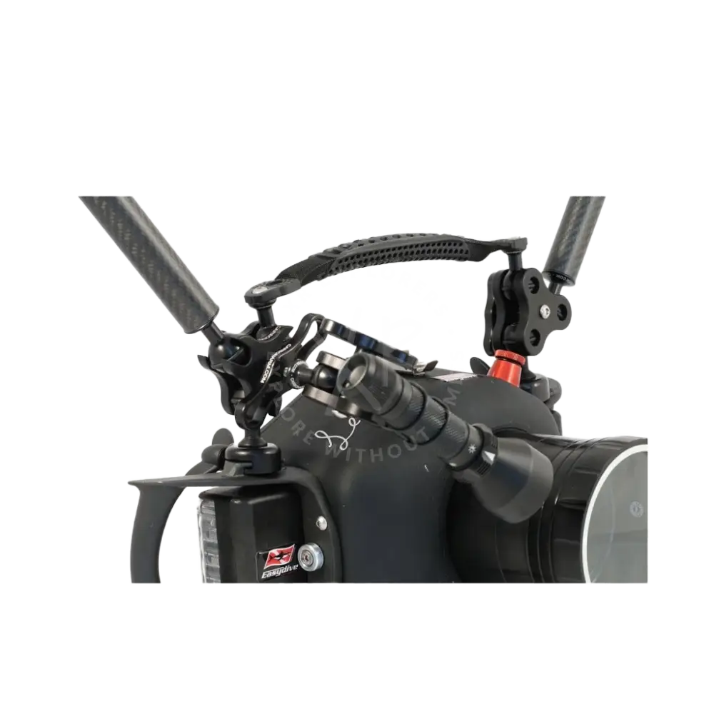 Black carbon fiber triple clamp for tripod with adjustable arms and grips for camera rig setup