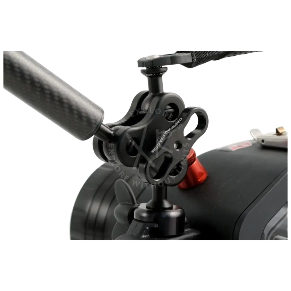 Black carbon fiber triple clamp camera mount with red adjustment knob and textured grip for secure handling