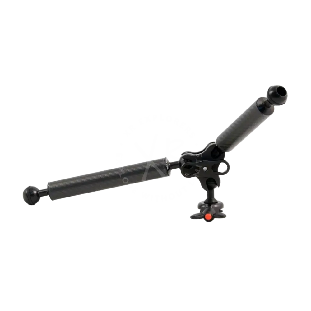 Black articulated triple clamp camera mount with adjustable arms and ball joints for versatile positioning