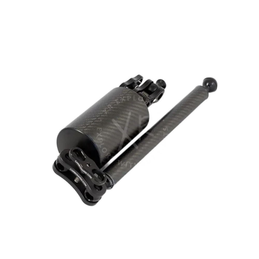 Black carbon fiber tripod with ball head and adjustable legs for stable support in carbon floating arms setup