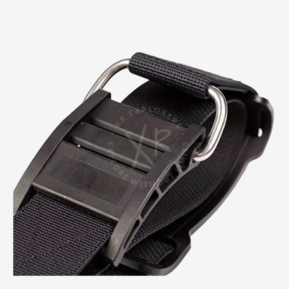 Black nylon scuba tank strap with black plastic buckle and silver metal d-ring for secure attachment