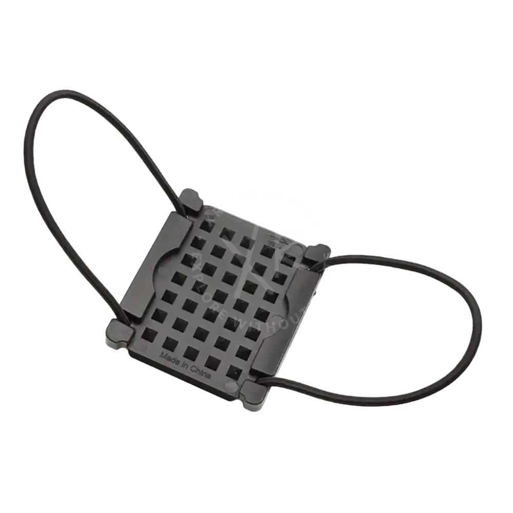 Black plastic weight fixing plate face mask holder with grid pattern and adjustable elastic straps in back view