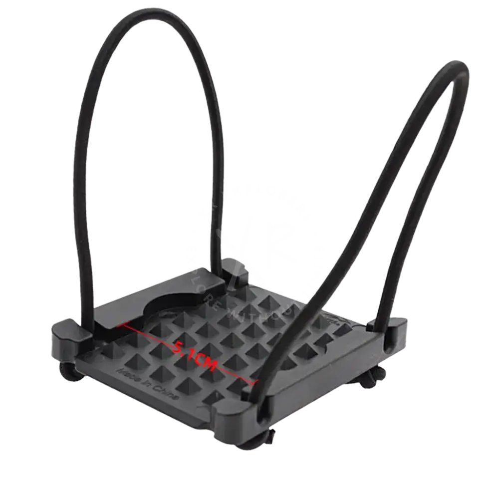 Black plastic weight fixing plate with textured grip bicycle pedal holder and curved handlebars shown from the back side