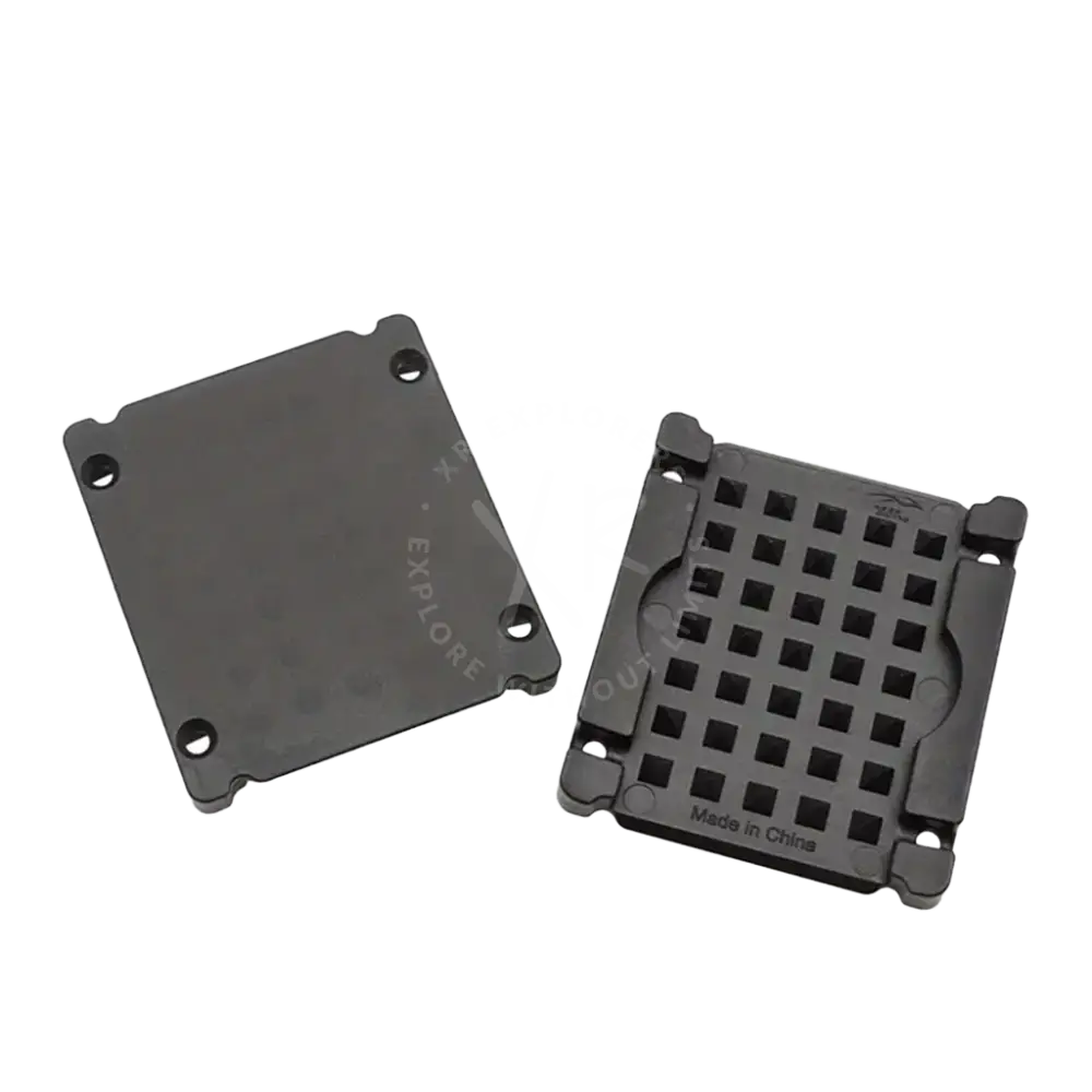 Black plastic weight fixing plate with grid pattern on one side and mounting holes on the back side
