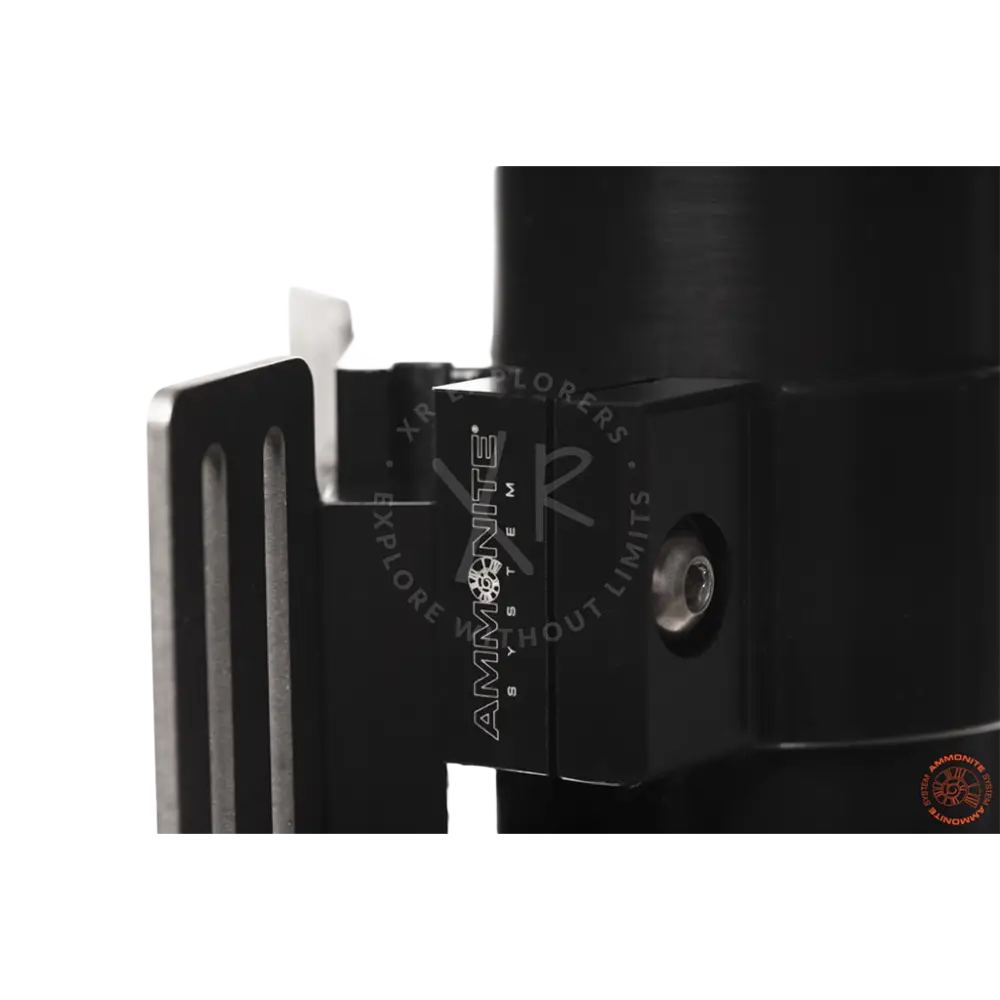 Black matte-finished ammonite system mount bracket accuclick mount with sleek angular design and engraved branding