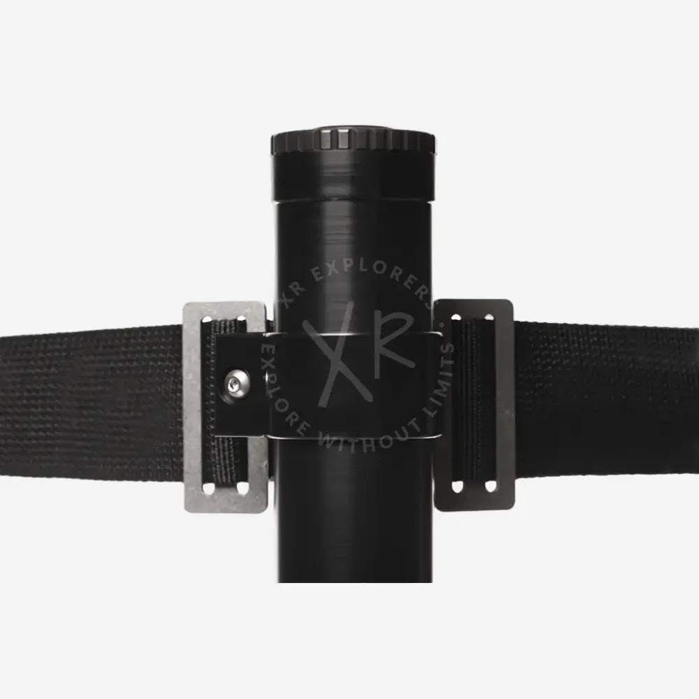 Black cylindrical flashlight accuclick mount with textured grip and metal mounting brackets for secure attachment