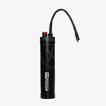 Black cylindrical AccuThermo type 24 portable heater with flexible black hose and red top accent