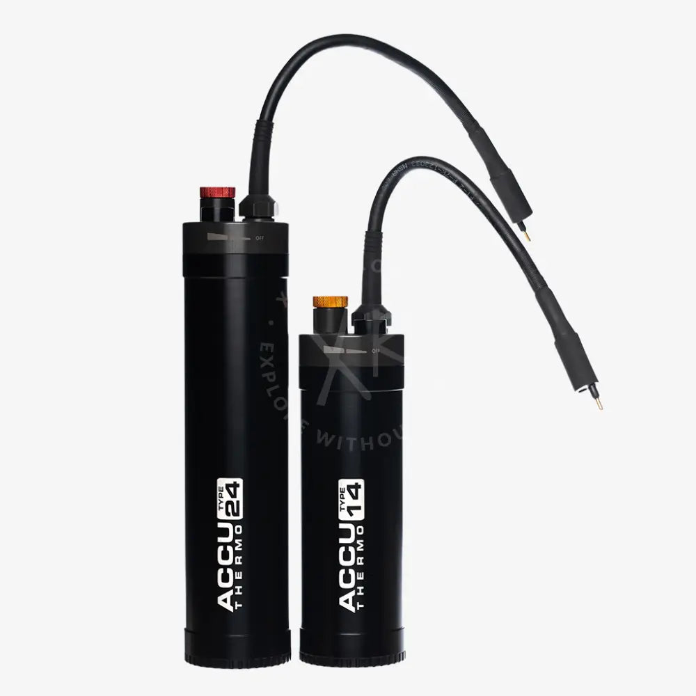 Two black accuthermo heat guns type 24 and type 14 with flexible hoses and colored caps for precise temperature control