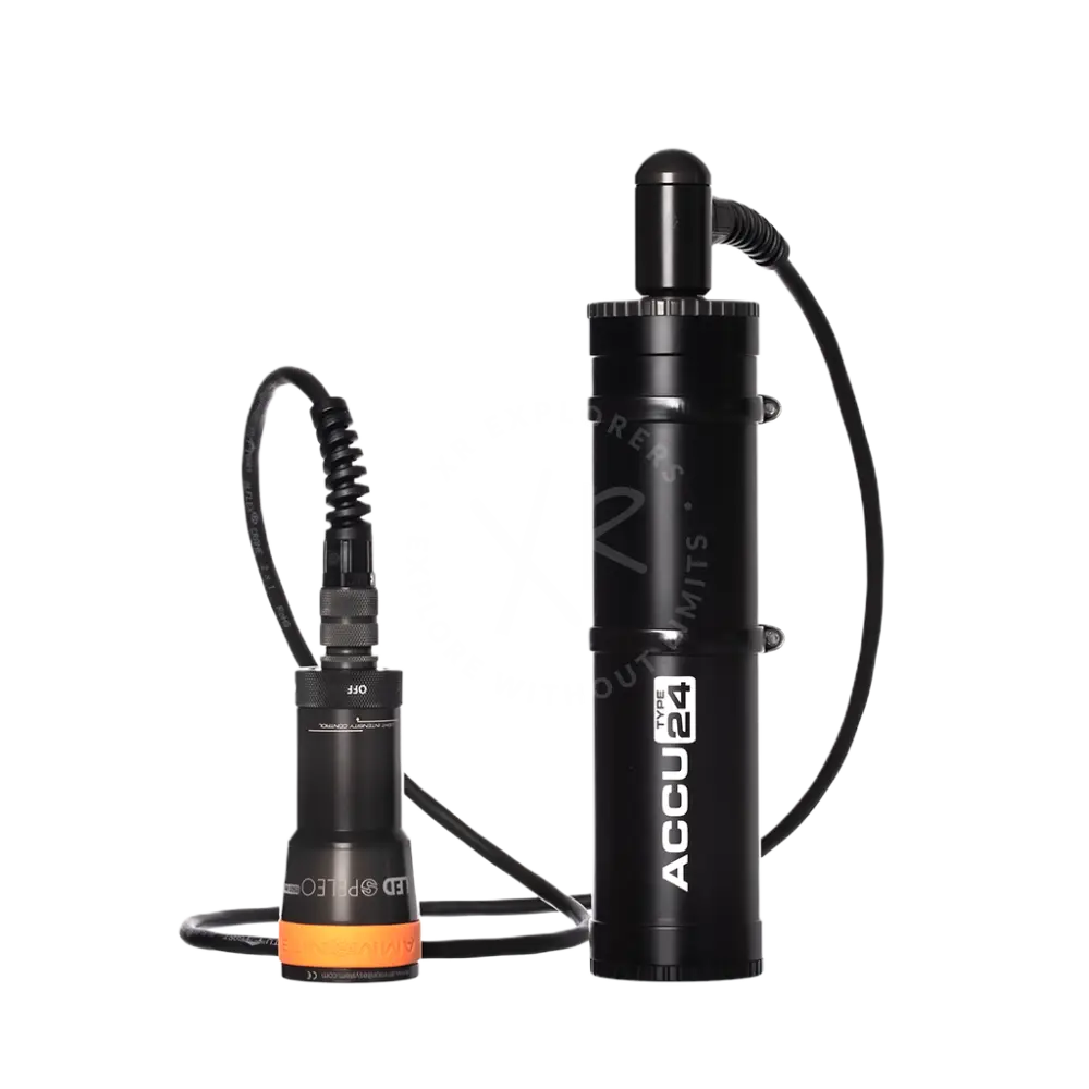 Black cylindrical underwater camera system accutype 24 with orange accents and coiled cables for marine use