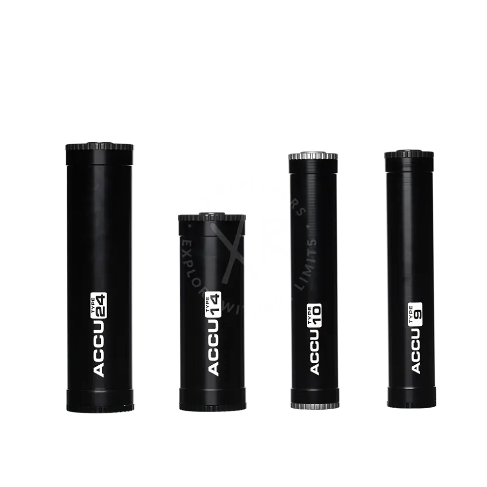 Four black cylindrical aa batteries labeled with type and model number from accutype 24 product line