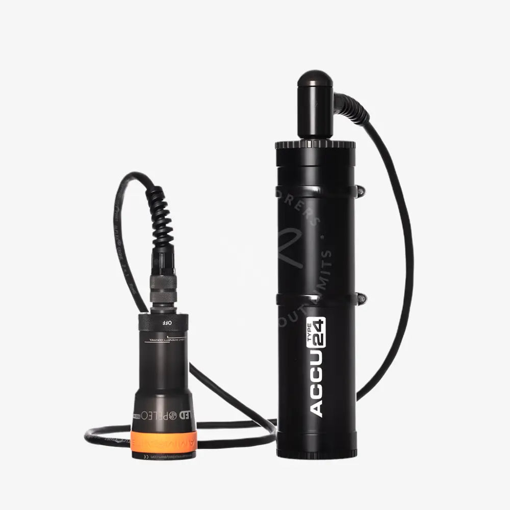 Black cylindrical underwater camera system accutype 24 with orange accents and coiled cables for marine use