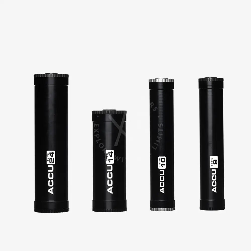 Four black cylindrical aa batteries labeled with type and model number from accutype 24 product line