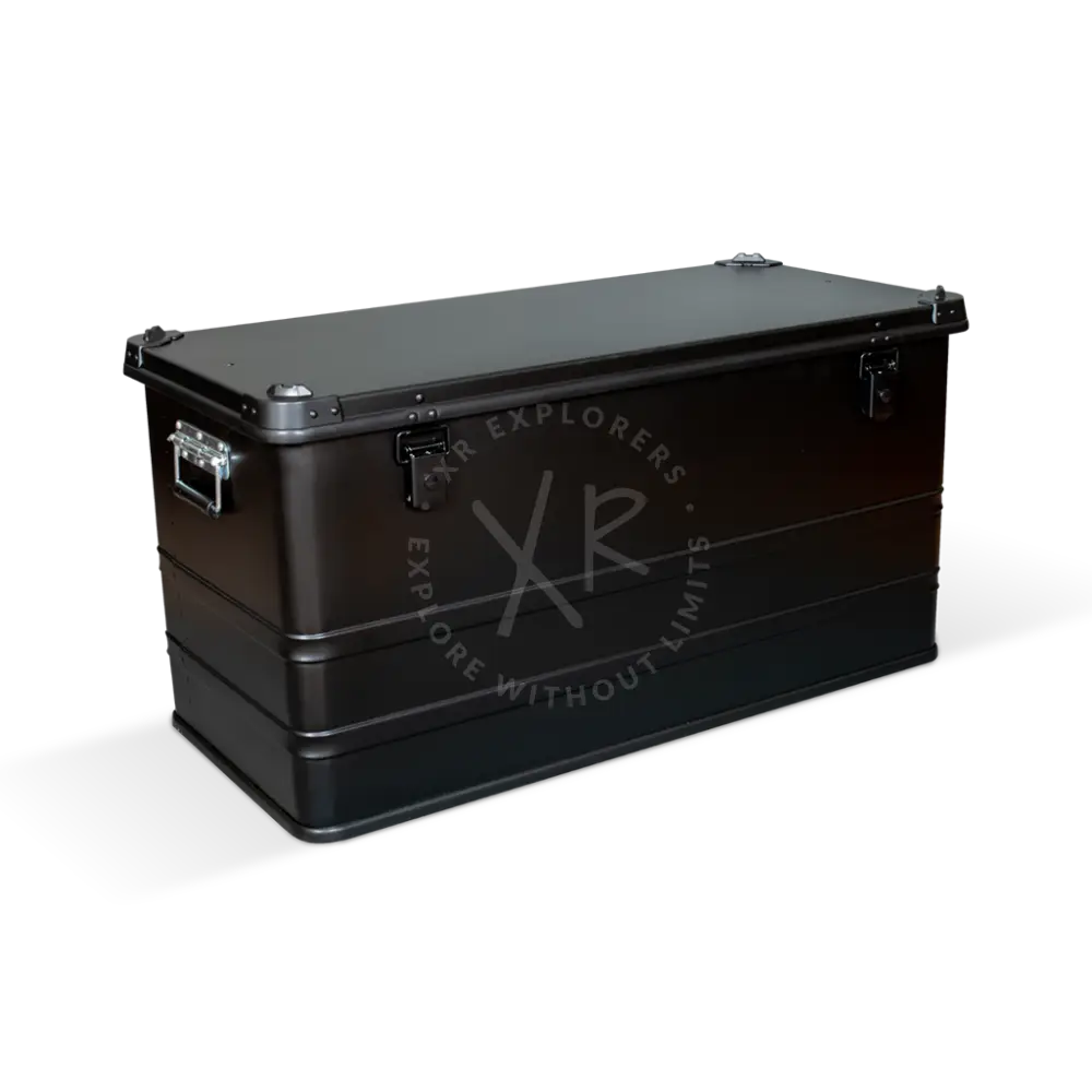 Black metal aluminium transport box with silver latches and reinforced corners for secure storage and transport