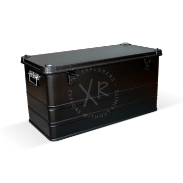 Black metal aluminium transport box with silver latches and reinforced corners for secure storage and transport